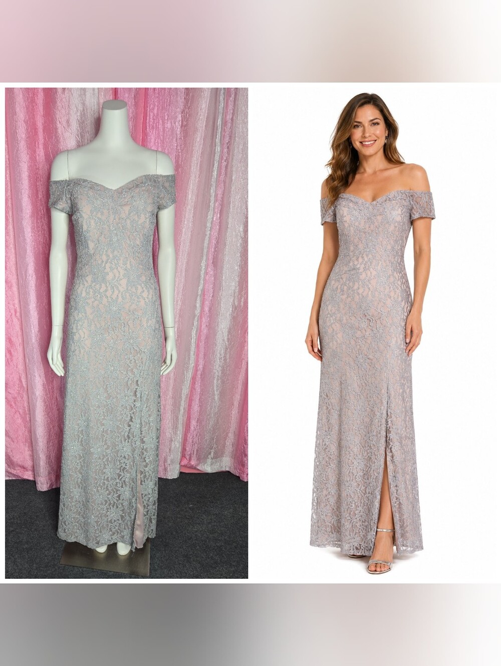 Sequin Hearts Taupe Silver Lace Overlay Evening Gown Formal Elegant Gown Size 9